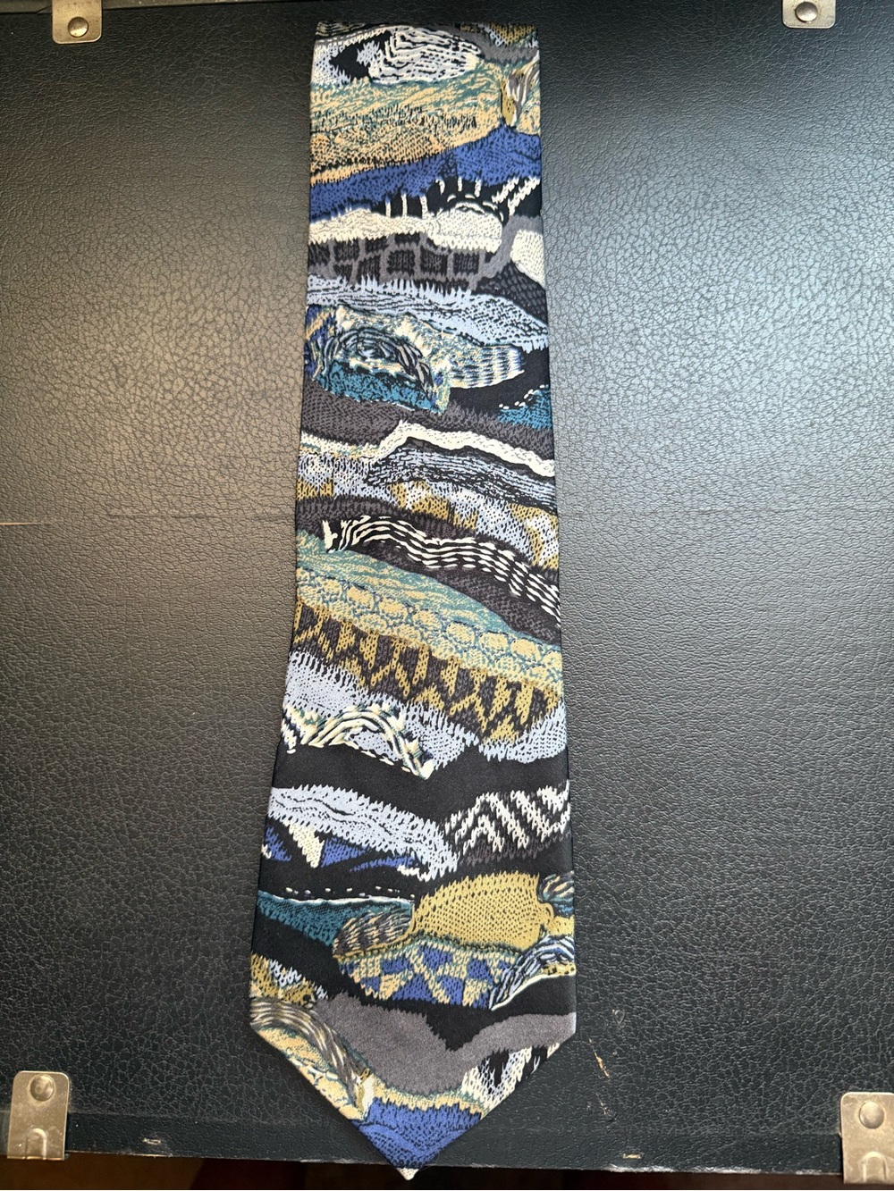 Coogi Textured Wave Pattern Men's Tie - Black, Blue & Gold